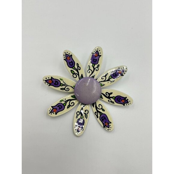 Handpainted Daisy Flower Pin Brooch with Purple Center Made in W. Germany - Picture 5 of 6
